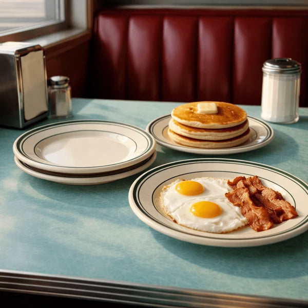 Stoneware Platters 4‑Piece Set, Classic Eggshell White with Green Bands (Gift Box Collection)
