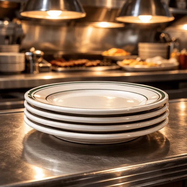 Stoneware Platters 4‑Piece Set, Classic Eggshell White with Green Bands (Gift Box Collection)